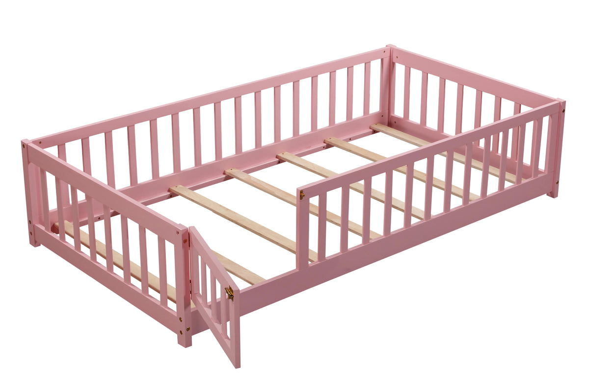 Bellemave Twin Size Floor Beds, Wood Montessori Bed with Fence Railings & Support Slats, No Box Spring Needed (Gray"
