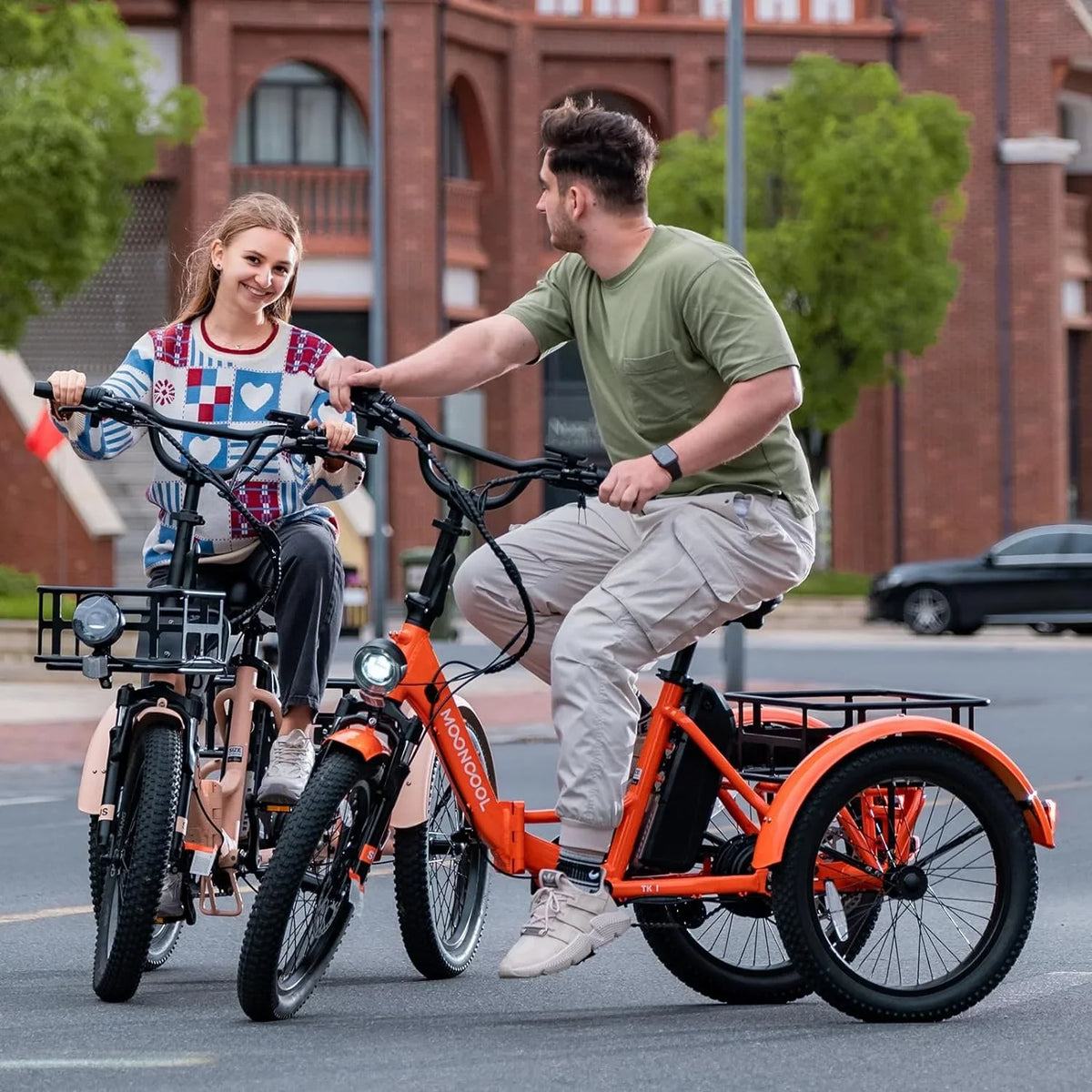 MOONCOOL TK1 Folding Electric Tricycle for Adults,48V 14.5Ah Removable battery, 500W"Peak 1000w"Motor, 20" Fat Tire Step-Thru 3Wheel Electric Bicycle w/Front&Rear Baskets, Certified to UL 2849 by SGS