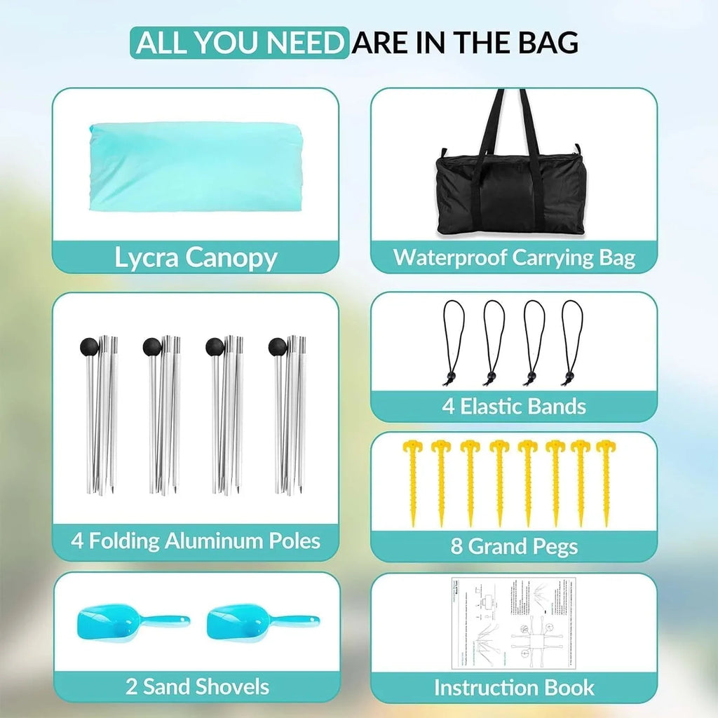Beach Tent Canopy with 8 Sandbags 4 Aluminum Poles, Pop Up Portable Camping Sun Shelter, Easy Set Up with 2 Sand Shovel, Ground Pegs, Carrying Bag for Outdoor Beach,Picnic, Fishing