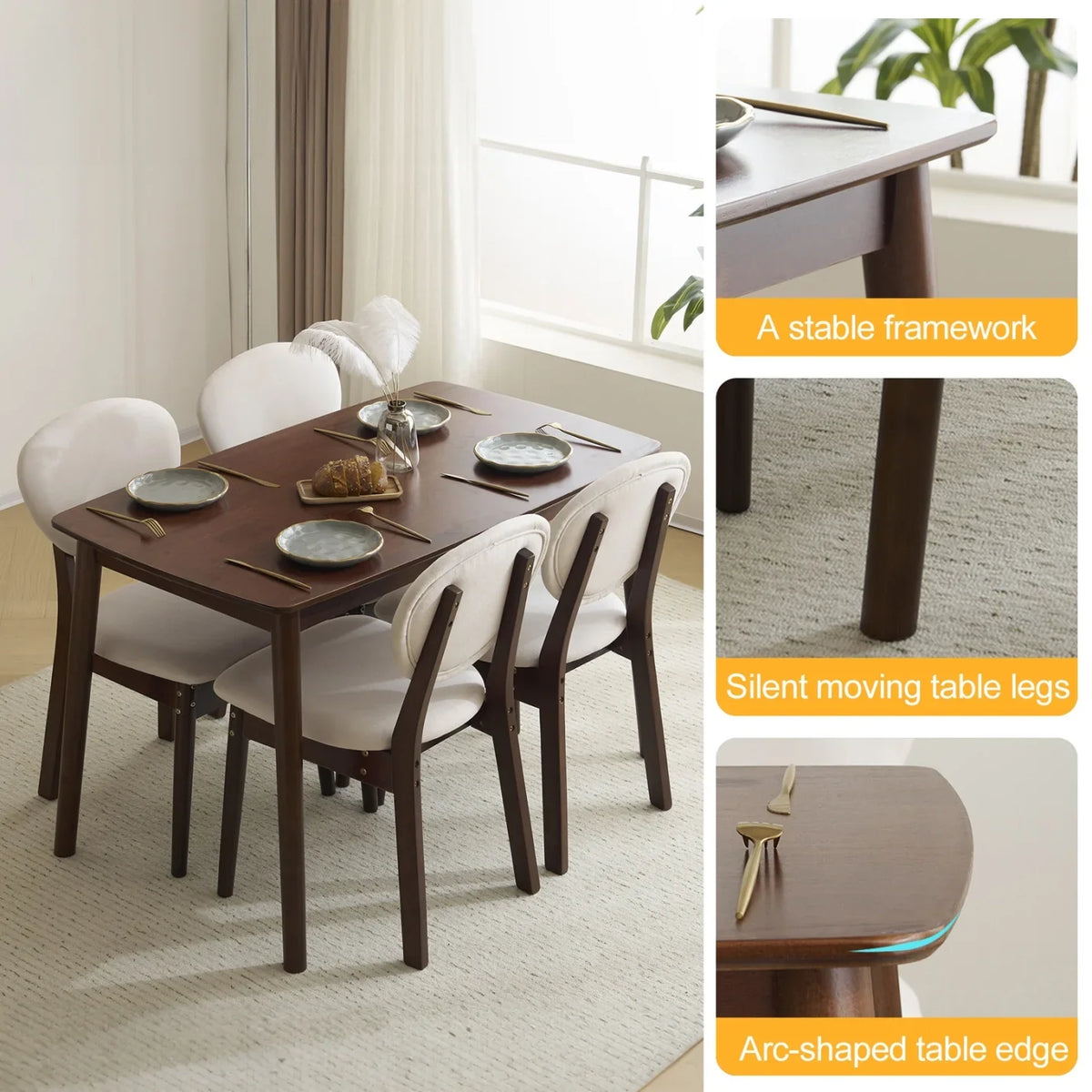 5-Piece Wooden Kitchen Table and Chair Set, Dinette Sets with 1 Rectangular Table and 4 Upholstered Chairs, Space-Saving Dining Table Set for 4, Natural