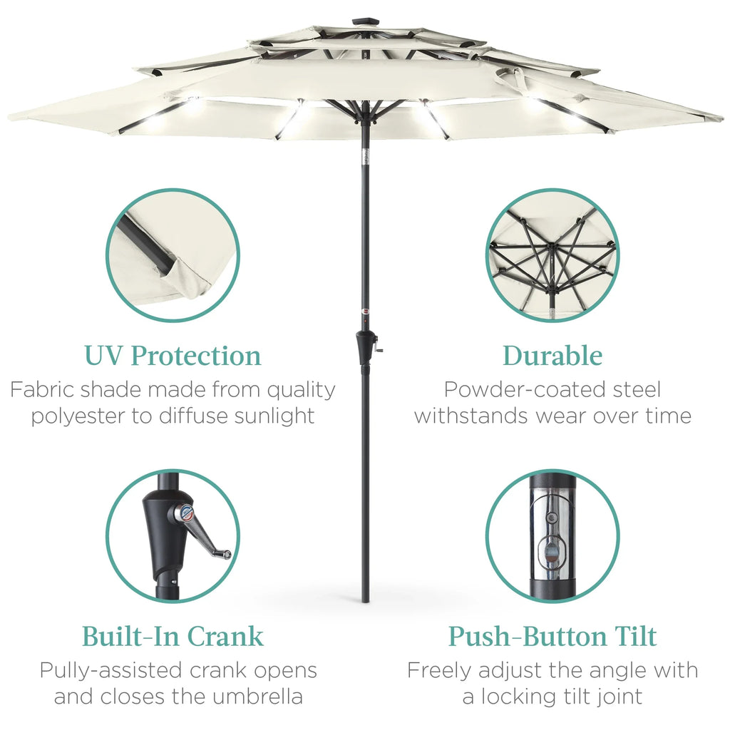 Best Choice Products 10ft 3-Tier Solar Patio Umbrella w/ 24 LED Lights, Tilt Adjustment, Easy Crank - Tan