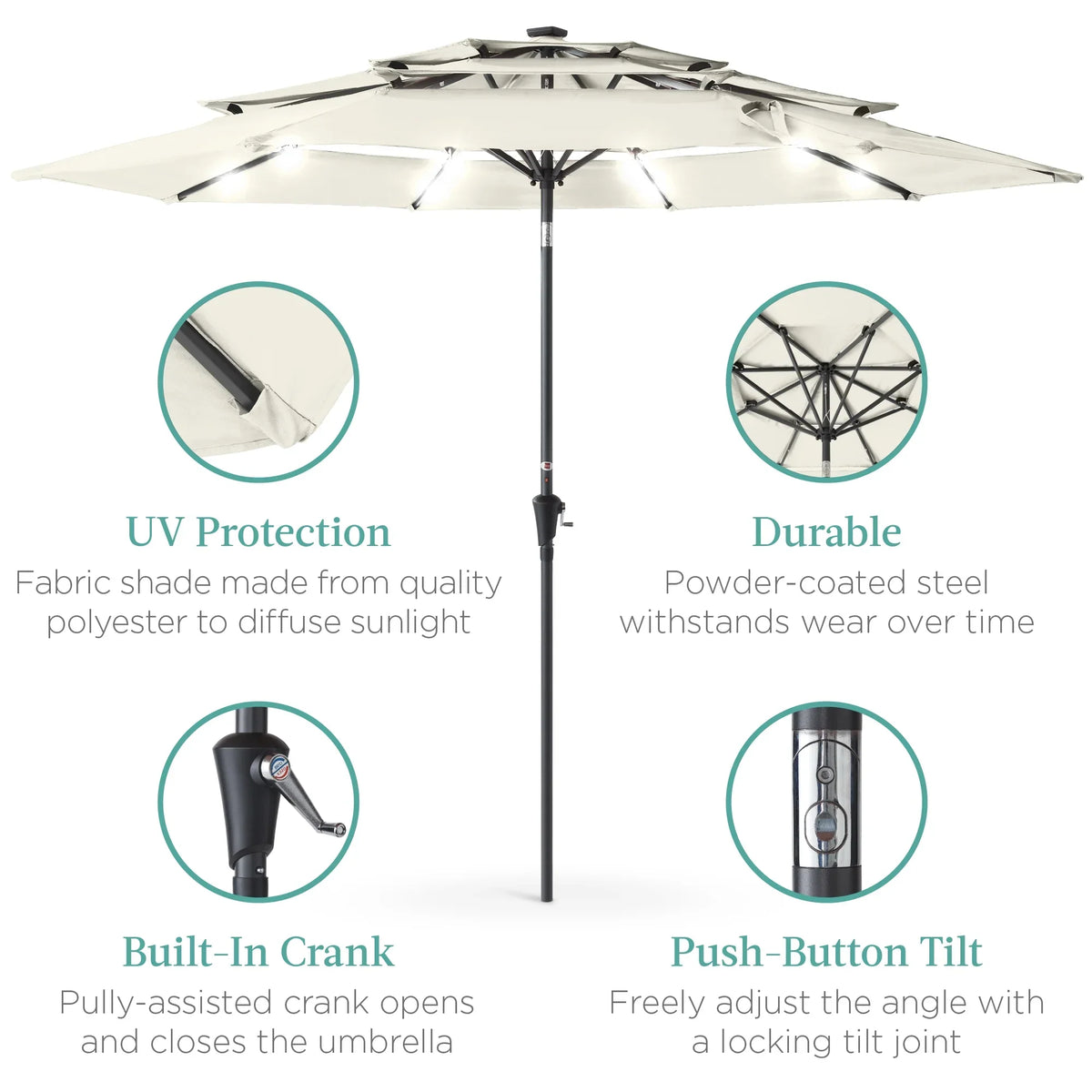 Best Choice Products 10ft 3-Tier Solar Patio Umbrella w/ 24 LED Lights, Tilt Adjustment, Easy Crank - Tan
