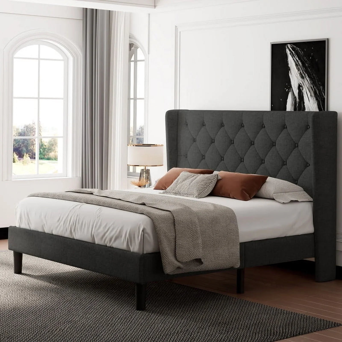 iPormis Full Size Bed Frame with Diamond Button Tufted Wingback Headboard, Upholstered Platform Bed Frame with Strong Wood Slat Support, No Box Spring Needed,Black