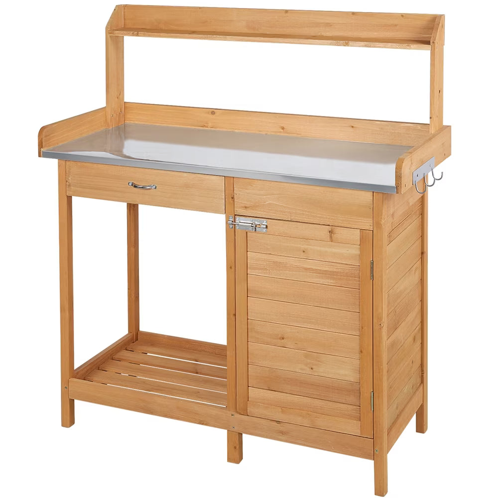 Renwick Outdoor Garden Potting Bench W/Cabinet Drawer Open Shelf, Gray