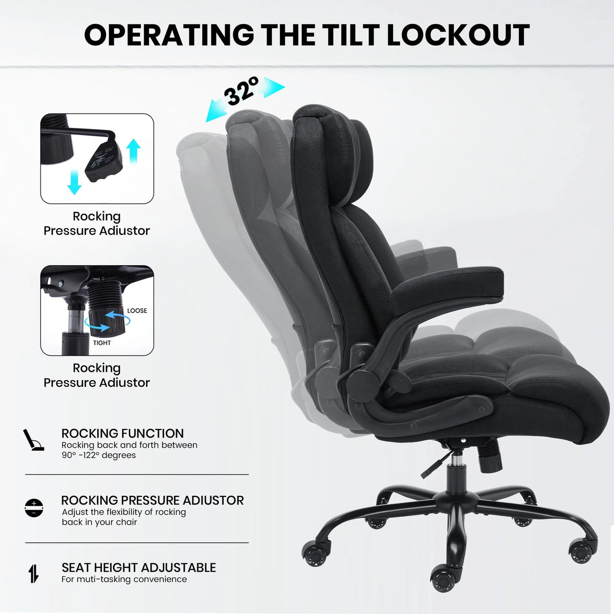 Ninecer 500lbs Big and Tall Office Chair with Inflatable Lumbar Support, Ergonomic Executive Desk Chair with Extra Wide Seat, Adjustable Height Computer Chair, Heavy Duty Leather Office Chair, Black