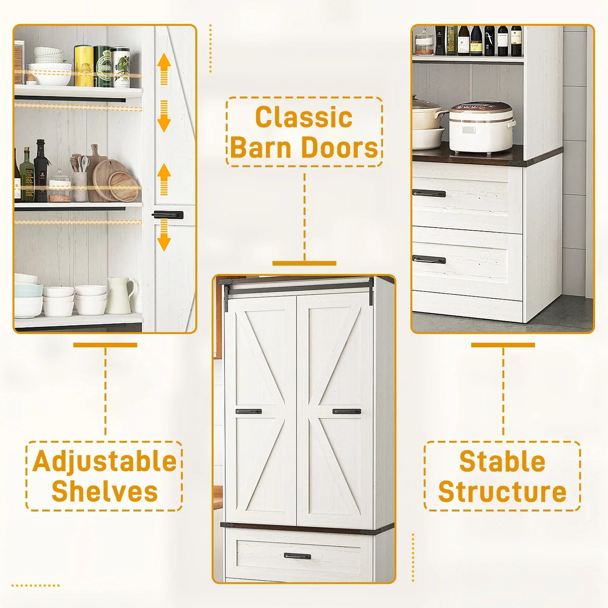 72''Tall Farmhouse Kitchen Pantry Cabinet, 3 Layers Storage Cabinet with Adjustable Shelves, 2 Drawer, Folding Door, Versatile Large Rustic Cabinet for Kitchen, Dining Room, Living Room, Bathroom