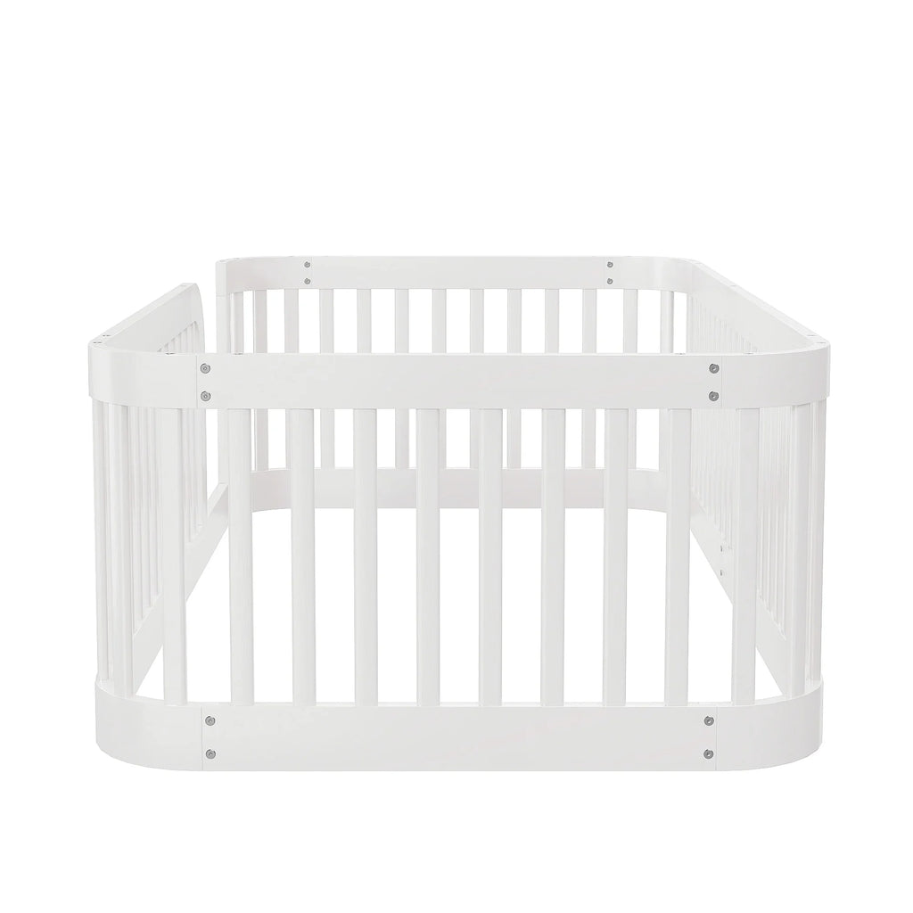 Euroco Twin Size Floor Bed with Fence for Kids Teens and Toddlers, White