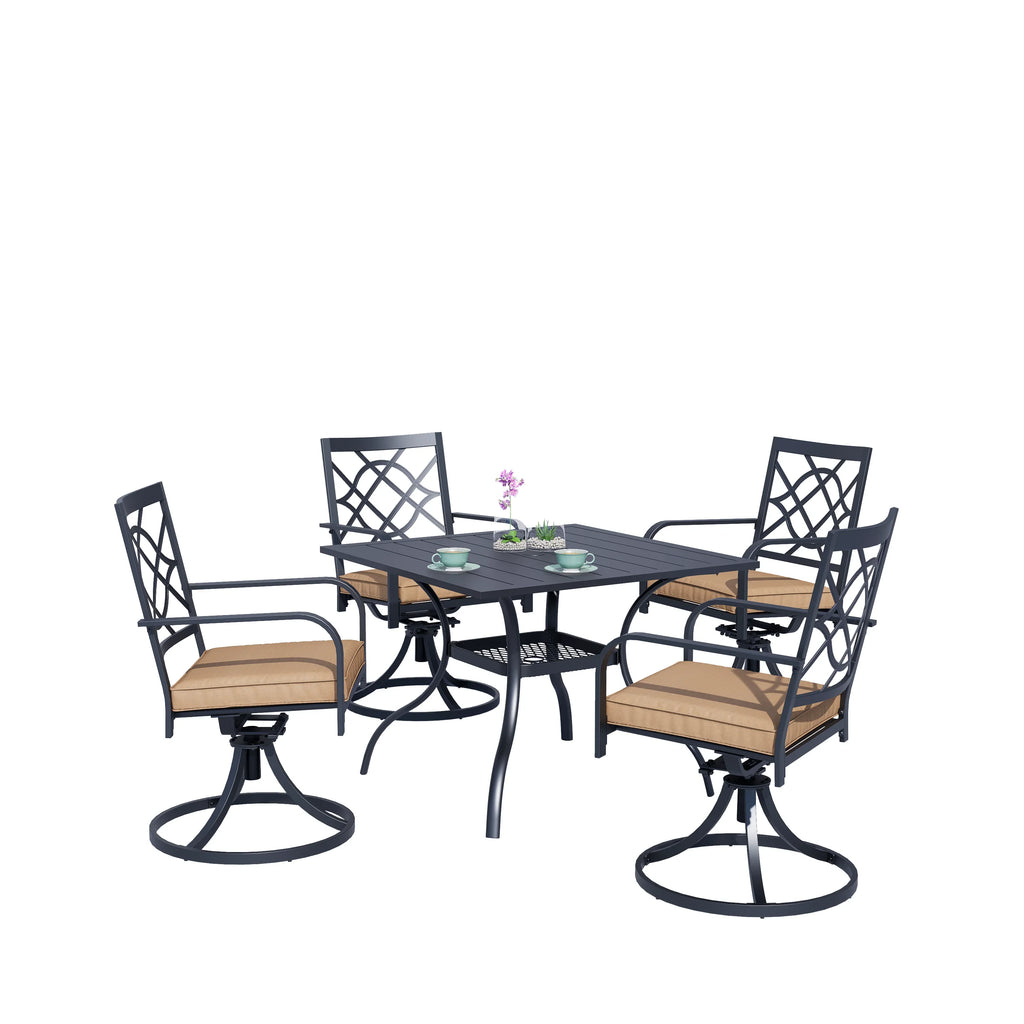 SUNCROWN 5-Piece Outdoor Wrought Iron Chairs and Table Patio Dining Furniture Set - 4 Stackable Metal Chairs, 1 Steel Slat Bistro Table and 1 Sky Blue 9Ft Patio Umbrella for Garden Backyard Deck