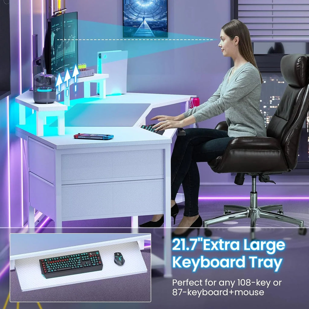 79" Gaming Desk with LED Lights and Power Outlets, U Shaped Desk with Monitor Stand and Drawers, Gaming Table with Keyboard Tray, Cup Holder and CPU Stand for Bedroom, Carbon Fiber Black