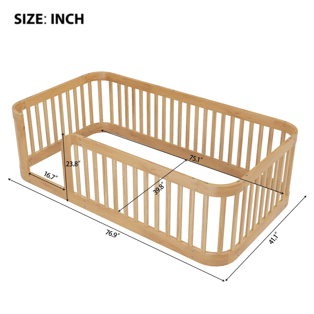 Euroco Twin Size Floor Bed with Fence for Kids Teens and Toddlers, White