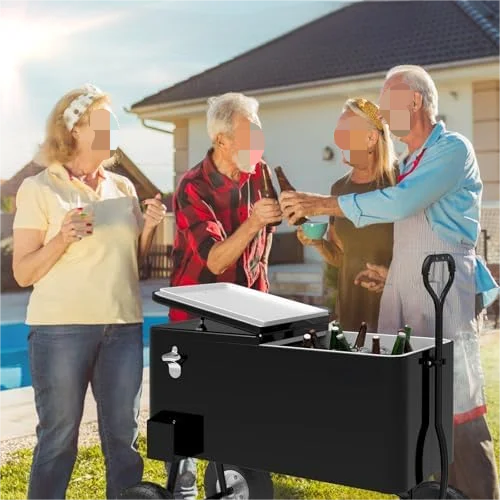 80 Quart Wagon Rolling Cooler Ice Chest, /Long Handle and 10" Wheels, Portable Beach Patio Party Bar Cold Drink Beverage, Outdoor Park Cart on Wheels