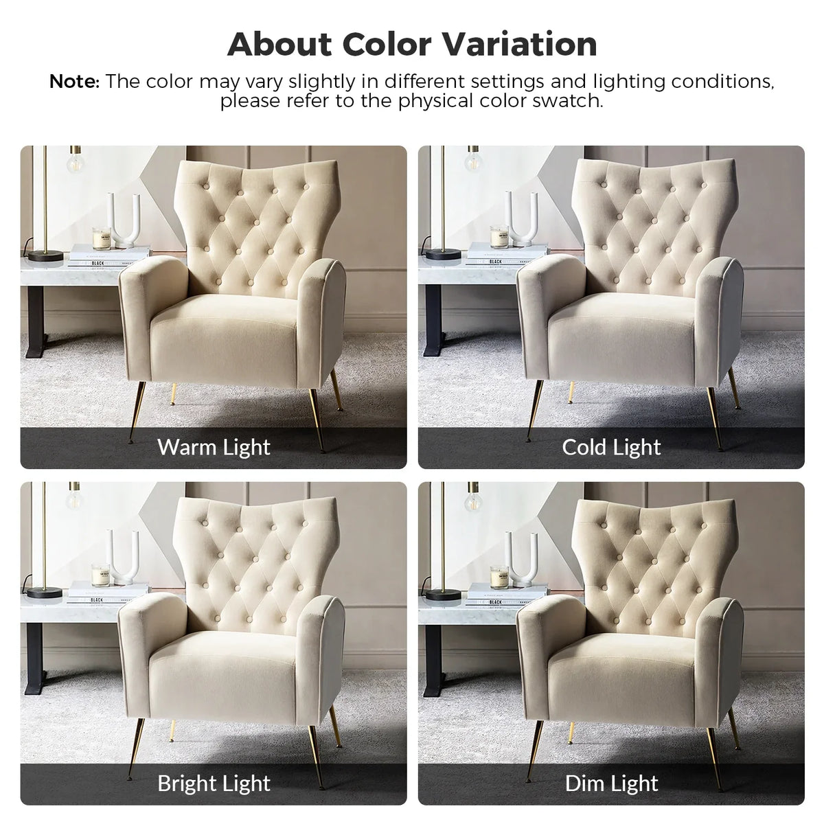 Modern Velvet Accent Chair Upholstered Sofa Armchair Button Tufted Metal Legs Adult Bedroom Home Living Room Grey
