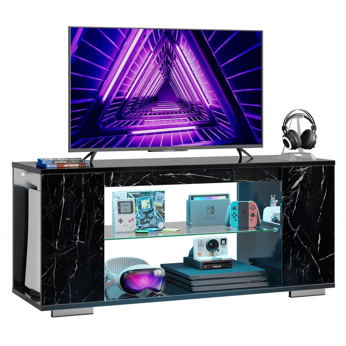 Pinmoco 47'' TV Stand for TVs up to 55", Gaming Entertainment Center with LED Lights, Black