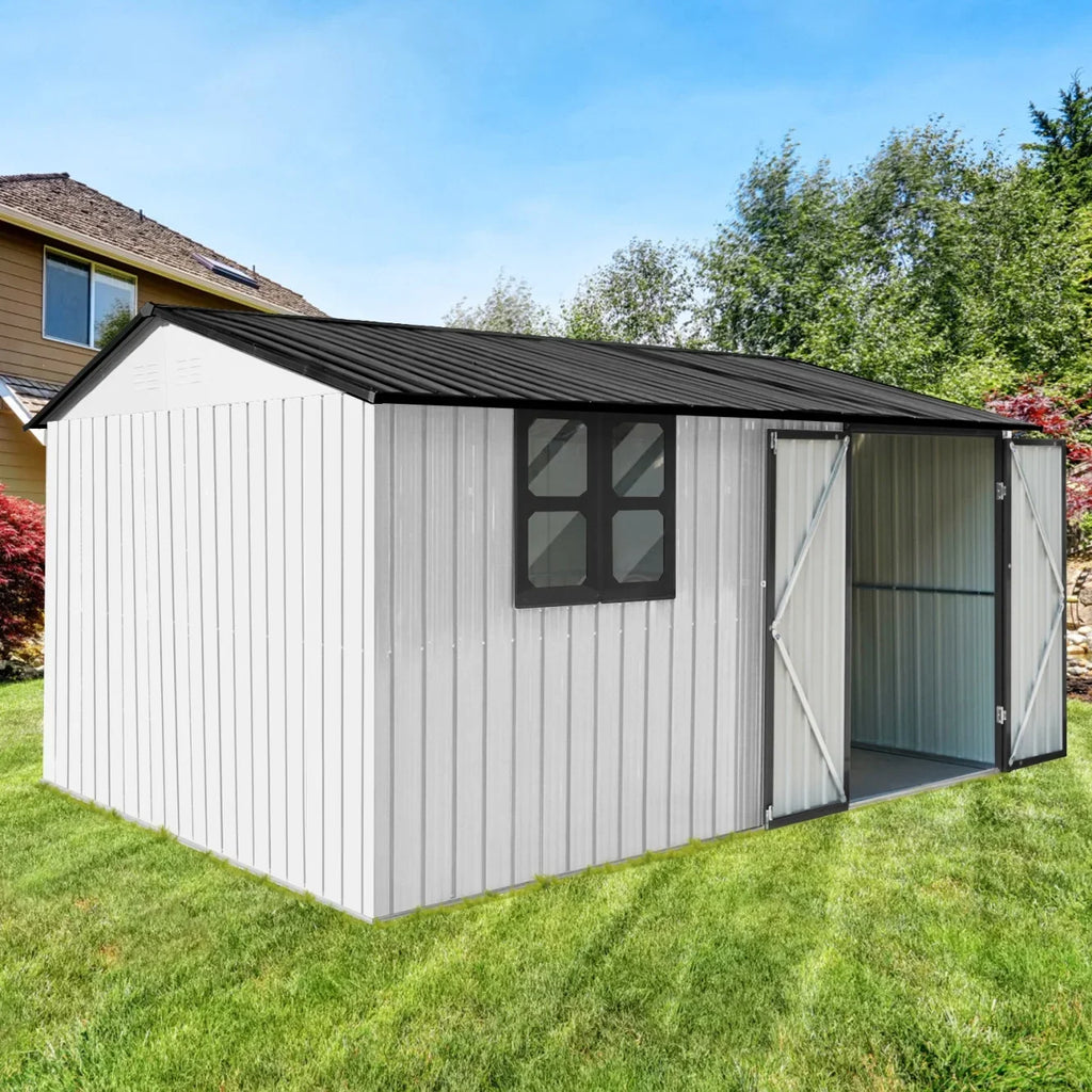 10x12 FT Outdoor Storage Shed, Metal Garden Tool Shed with Vents, Window and Bulit-in Hooks, Waterproof Organization for Home/Backyard/Garden Tools/Lawn Storage, Yellow+White