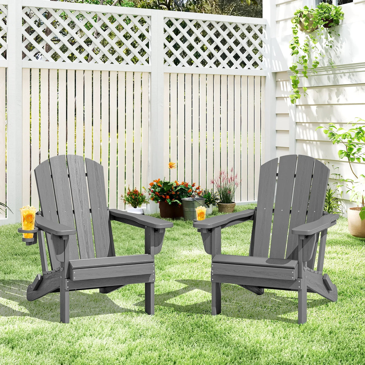 SERWALL Outdoor Adjustable Folding HDPE Adirondack Chairs Set of 2 with Cup Holder, Gray