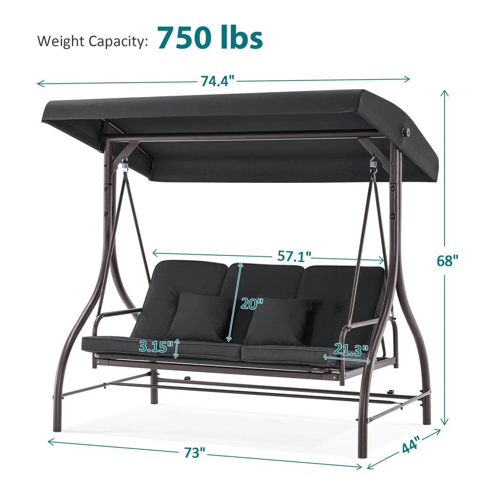 MCombo 3-Seat Outdoor Patio Swing Chair Cushioned with Adjustable Backrest and Canopy, Pillow, Brown