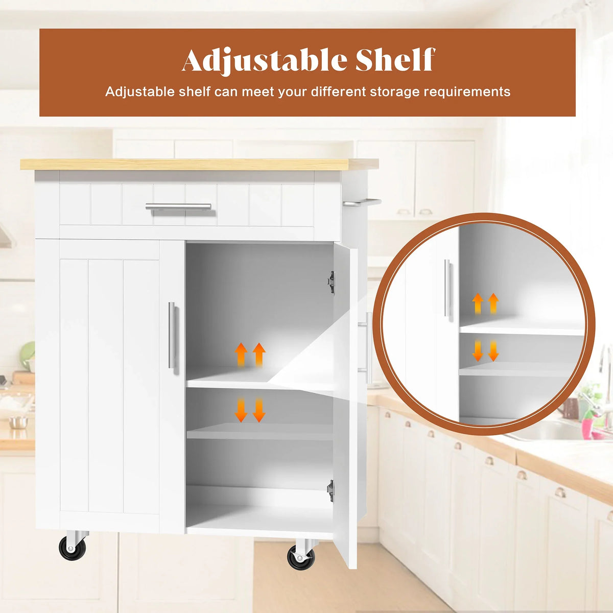 Walsunny Kitchen Island Table Stand with Storage on Wheels,Rolling Kitchen Cart Storage Cabinet with Drawer,White