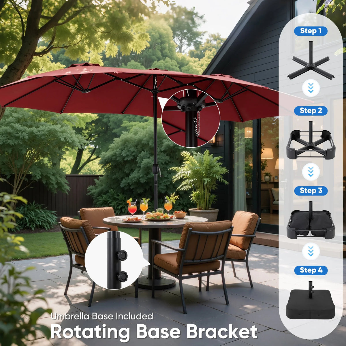 edx 15ft Patio Umbrellas (Base Included), Large Outdoor Double-Sided Rectangle Market Umbrella with Stand for Poolside, Lawn, and Backyard, Navy Blue