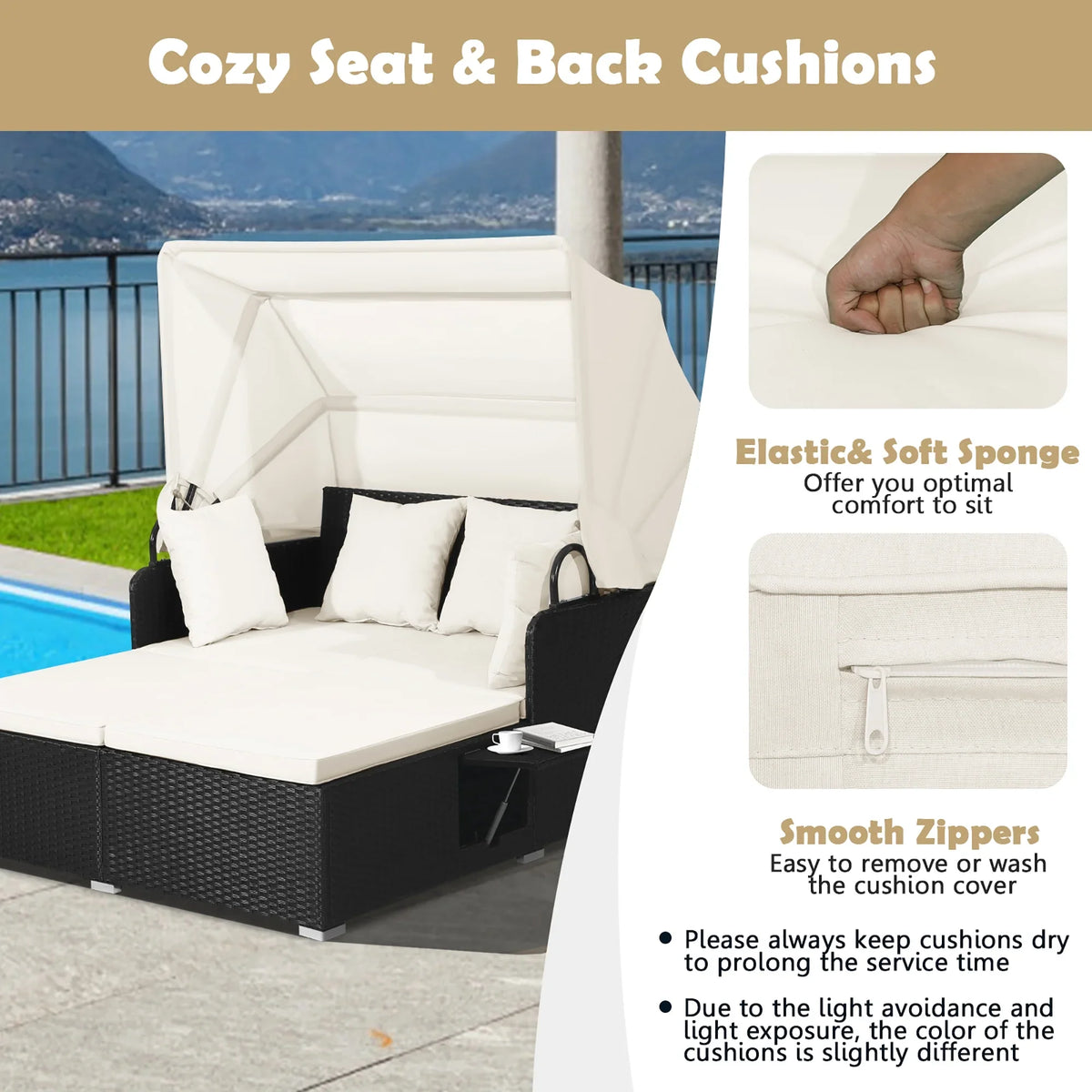 Costway Patio Rattan Daybed Lounge Retractable Top Canopy Side Tables Cushions Red