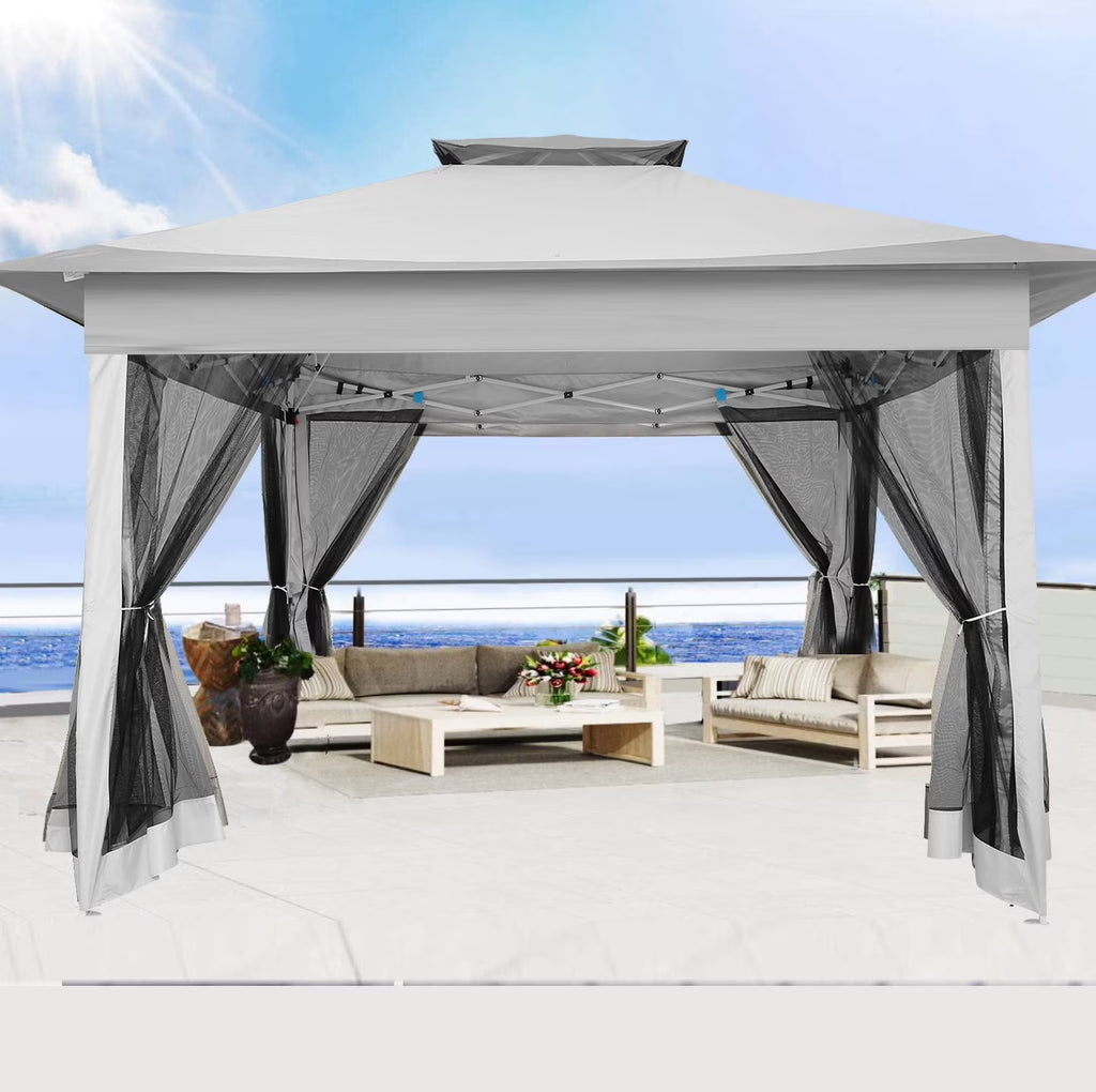 HOTEEL 12x12 Outdoor Pop-up Gazebo Canopy with Mosquito Netting 2-Tiered Vented Top 3 Adjustable Height for Backyard, Garden, Lawn,Light Grey