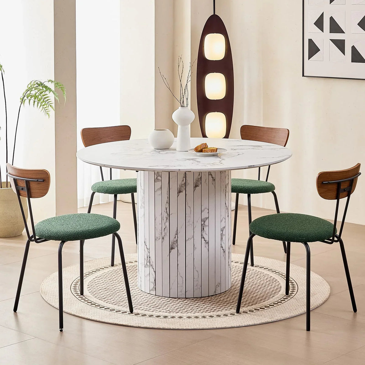 47 inches Modern Round Dining Table, Wood Kitchen Table for 4 with Two-part Tabletop and Wooden Strip Columns Base, Farmhouse Table for Kitchen, Dinning Room, Oak