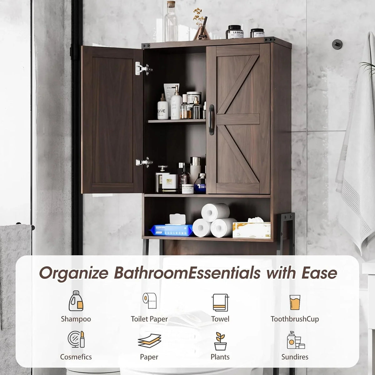 Vabches Over The Toilet Storage Cabinet, 68" H Farmhouse Freestanding Bathroom Storage Organizer with Double Doors & Storage Shelves