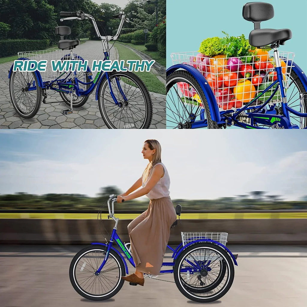 MOONCOOL Adult Tricycles with Rear Basket & Inflator, 24 26 inch 7 Speed 3 Wheel Bikes, Three-Wheeled Bicycles Adult Trike with Backrest for Seniors, Women, Men