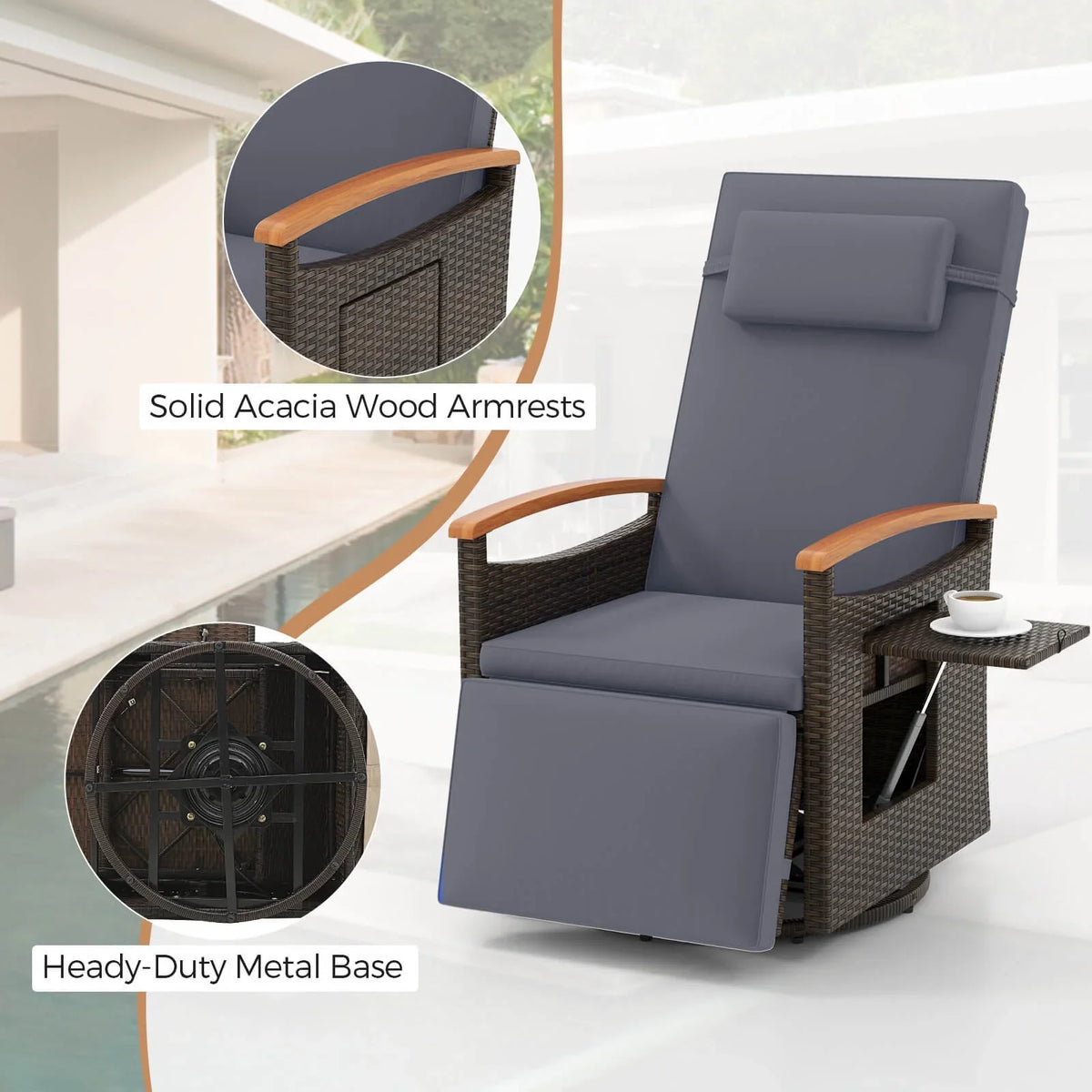 Costway Outdoor 360" Swivel Rattan Recliner Chair Patio Wicker Chaise Lounge Chair Beige