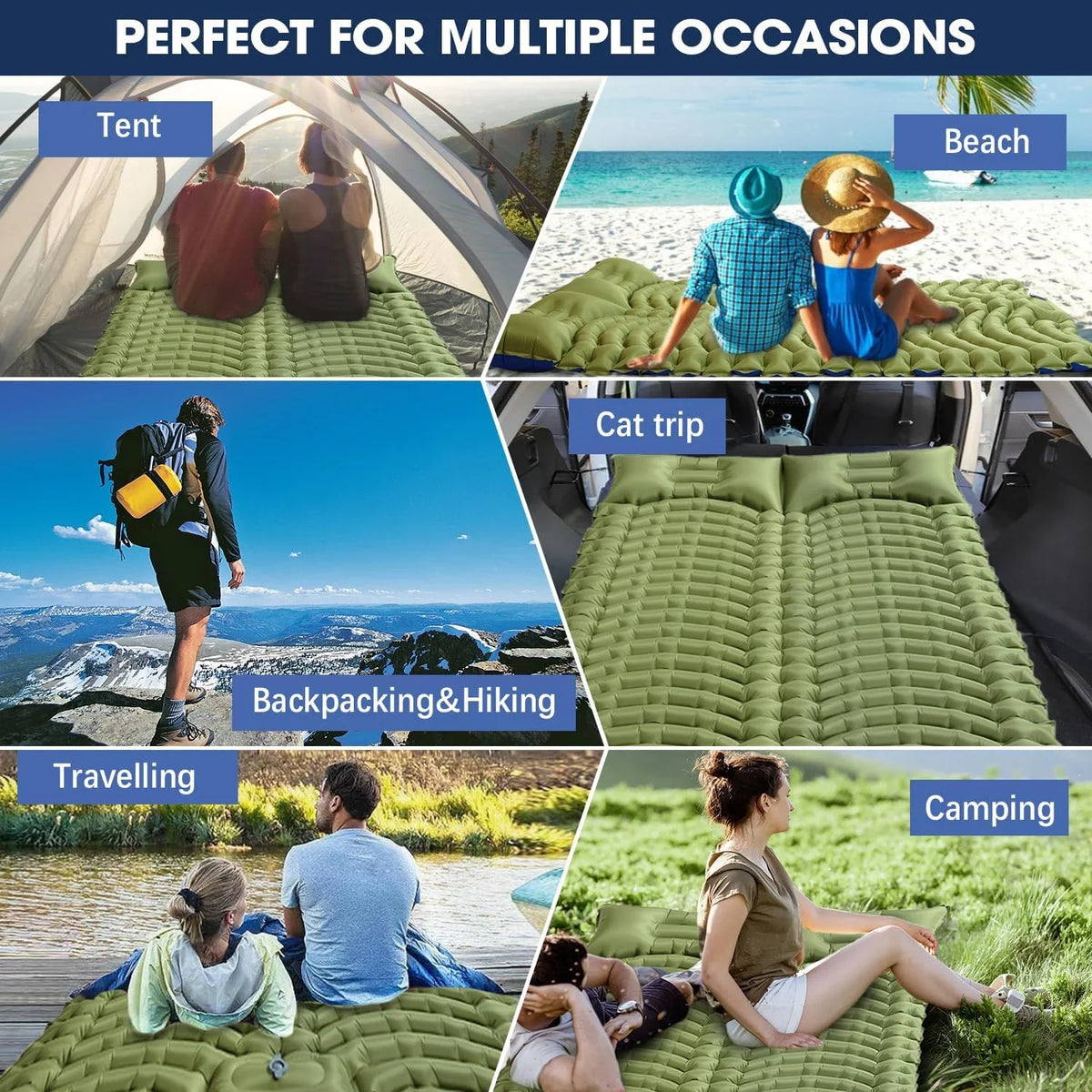 Double Sleeping Pad for Camping - 6" Ultra-Thick Camping Mattress with Pillow, Built-in Foot Pump, Compact 2-Person Portable Camping Mat for Backpacking, Hiking, Car Traveling, Beach, Tent