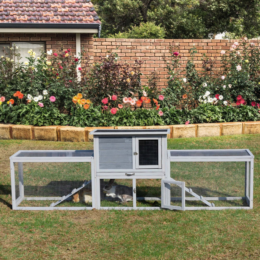 COZIWOW 94'' Wooden Large Rabbit Hutch with Pull Guinea Pig House Chincken Coop Gray