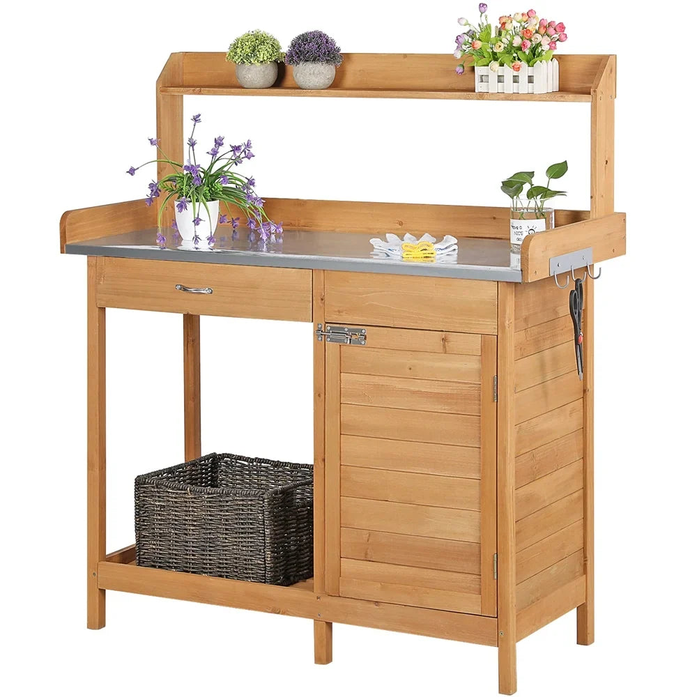 Renwick Outdoor Garden Potting Bench W/Cabinet Drawer Open Shelf, Gray