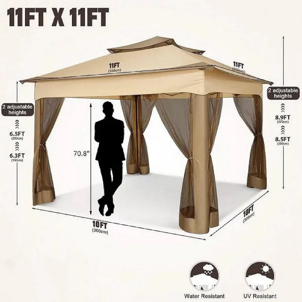 HOTEEL 12x12 Outdoor Pop-up Gazebo Canopy with Mosquito Netting 2-Tiered Vented Top 3 Adjustable Height for Backyard, Garden, Lawn,Light Grey