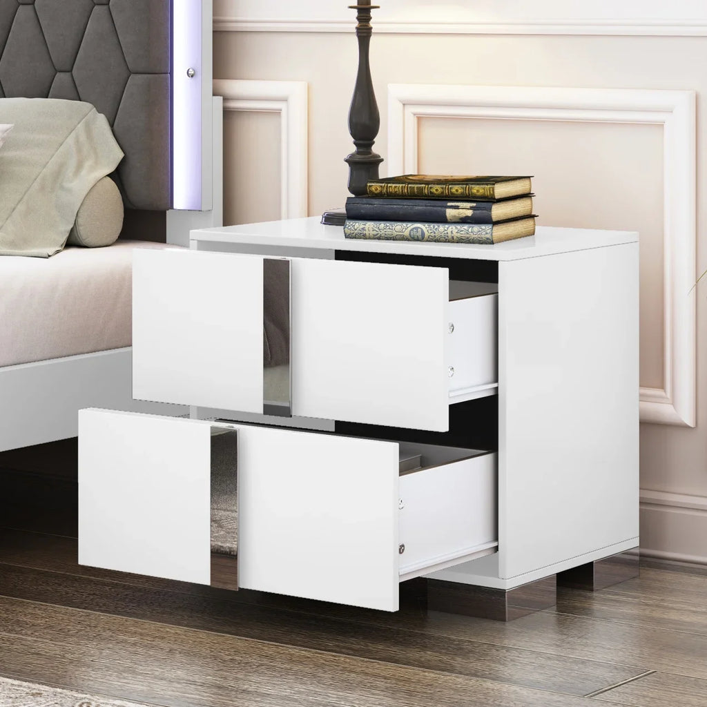 Elegant Nightstand with Metal Handle, Mirrored Bedside Table with 2 Drawers for Bedroom, Living Room, End Sofa Side Table for Living Room, Office, White