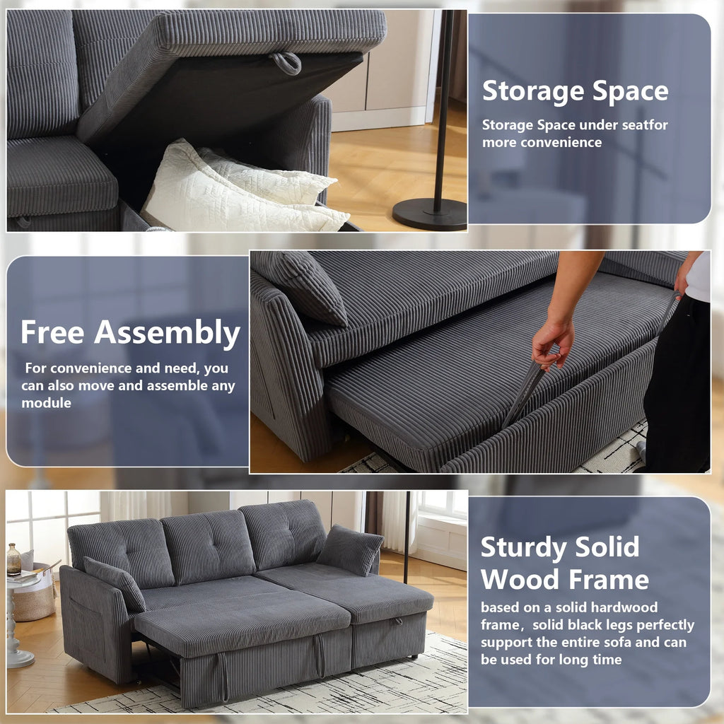 Villeston L-Shaped 3-Seat Sofa with Pull-Out Bed, with Storage Chaise Couch for Living Room, Chenille Fabric,Olive