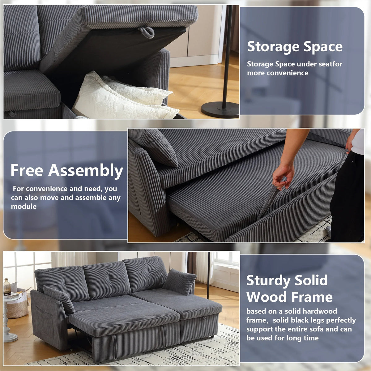 Villeston L-Shaped 3-Seat Sofa with Pull-Out Bed, with Storage Chaise Couch for Living Room, Chenille Fabric,Olive