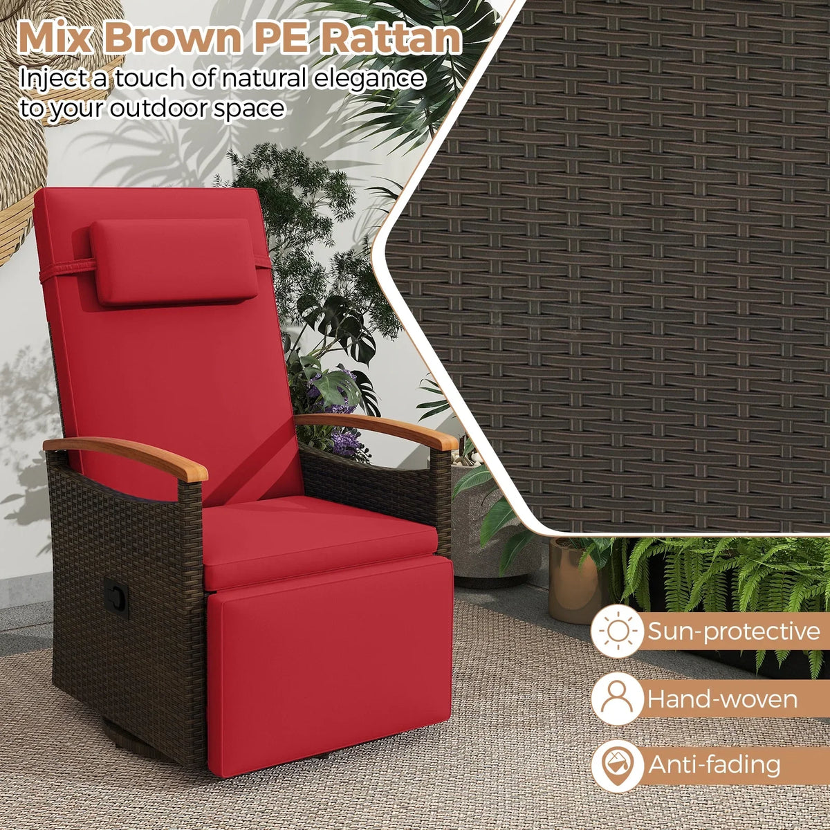 Costway Outdoor 360" Swivel Rattan Recliner Chair Patio Wicker Chaise Lounge Chair Beige