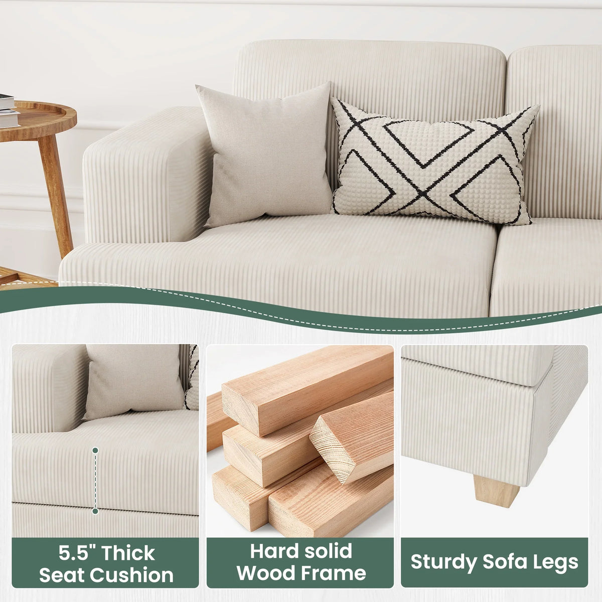 LUMIHO 89" Modern Corduroy Sofa,3 Seater Couches for Living Room, Bedroom,with Deep Seat,beige