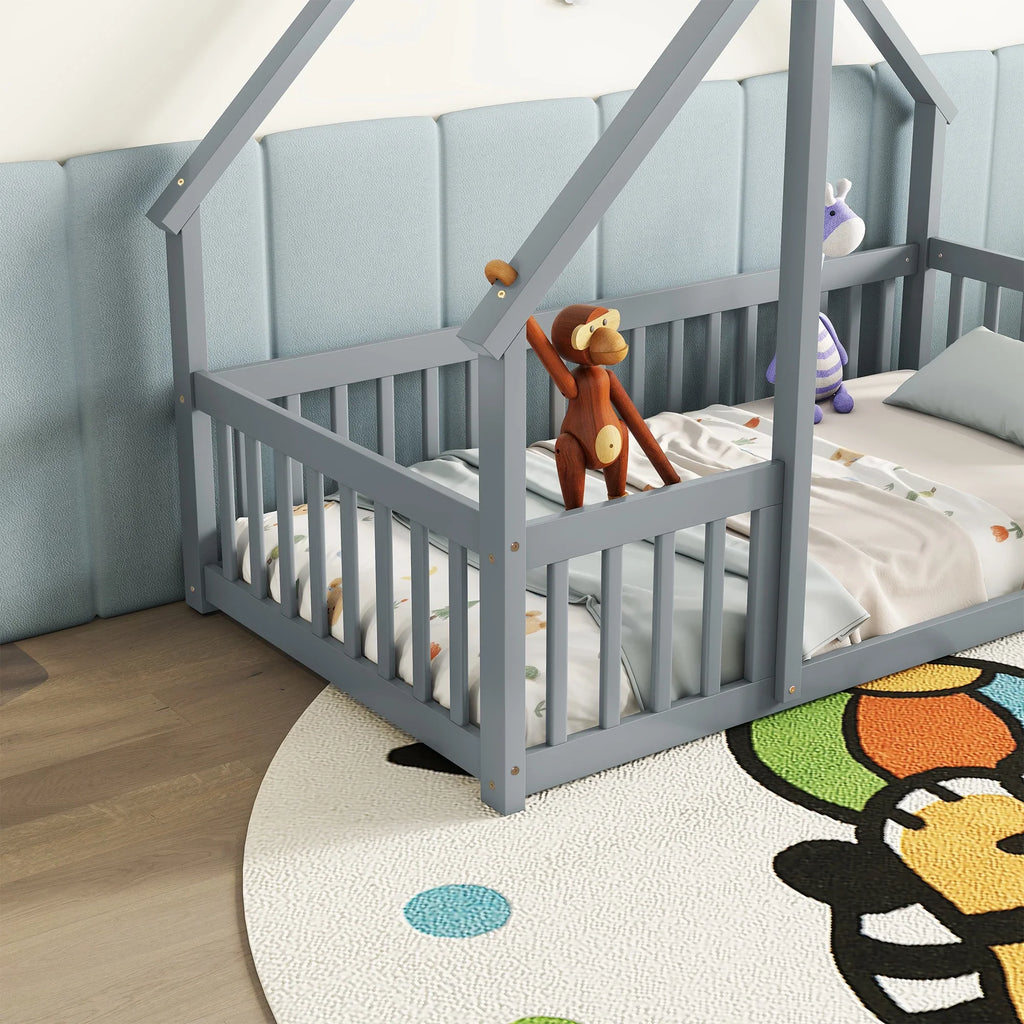 Bellemave Twin Size Floor Bed Frame, Wooden House Bed Twin Size with Fence, Montessori Bed with Guardrails for Bedroom (White)