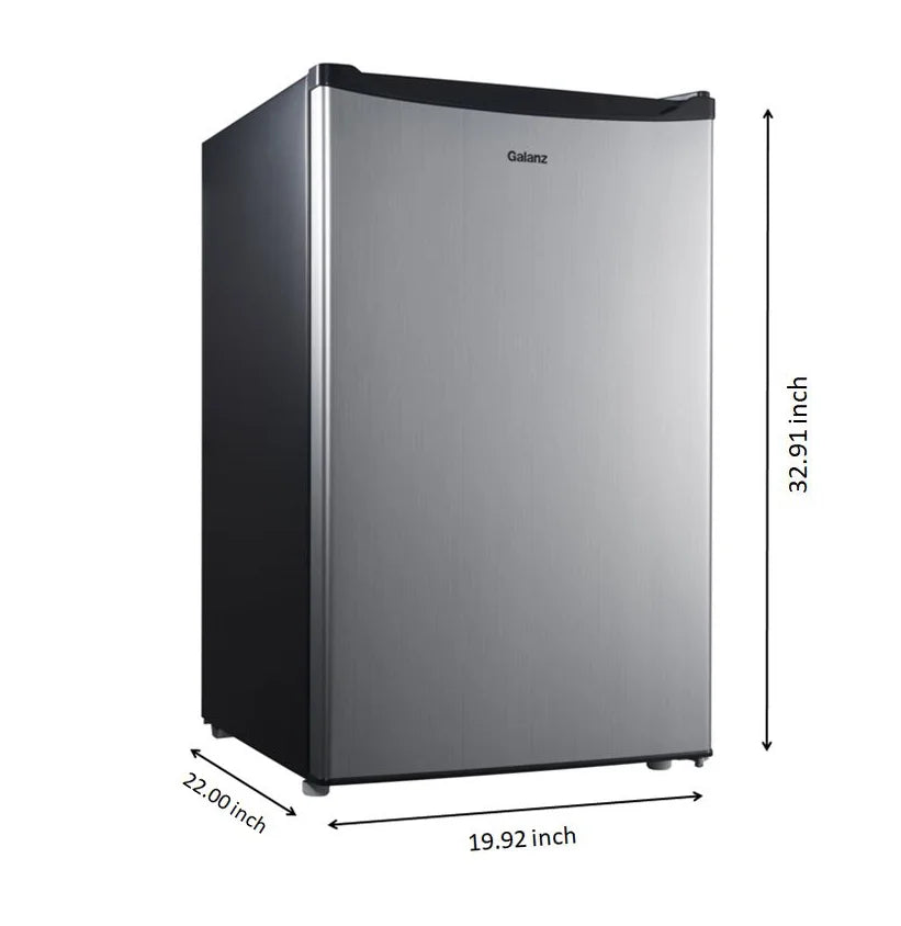 Galanz 4.3 Cu ft Single Door Mini Fridge, Stainless Steel Look, New, Width 19.12"