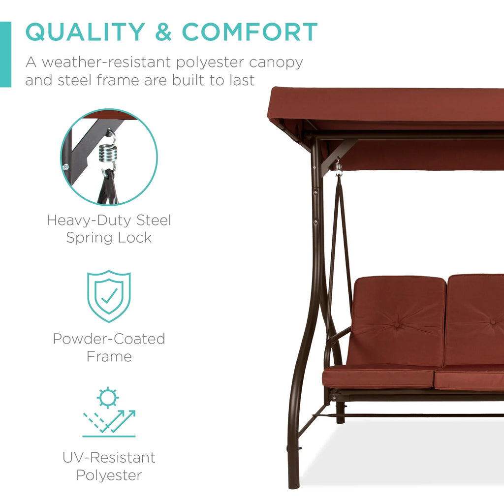 Best Choice Products 3-Seat Outdoor Converting Canopy Swing Glider Patio Hammock w/ Removable Cushions - Burgundy