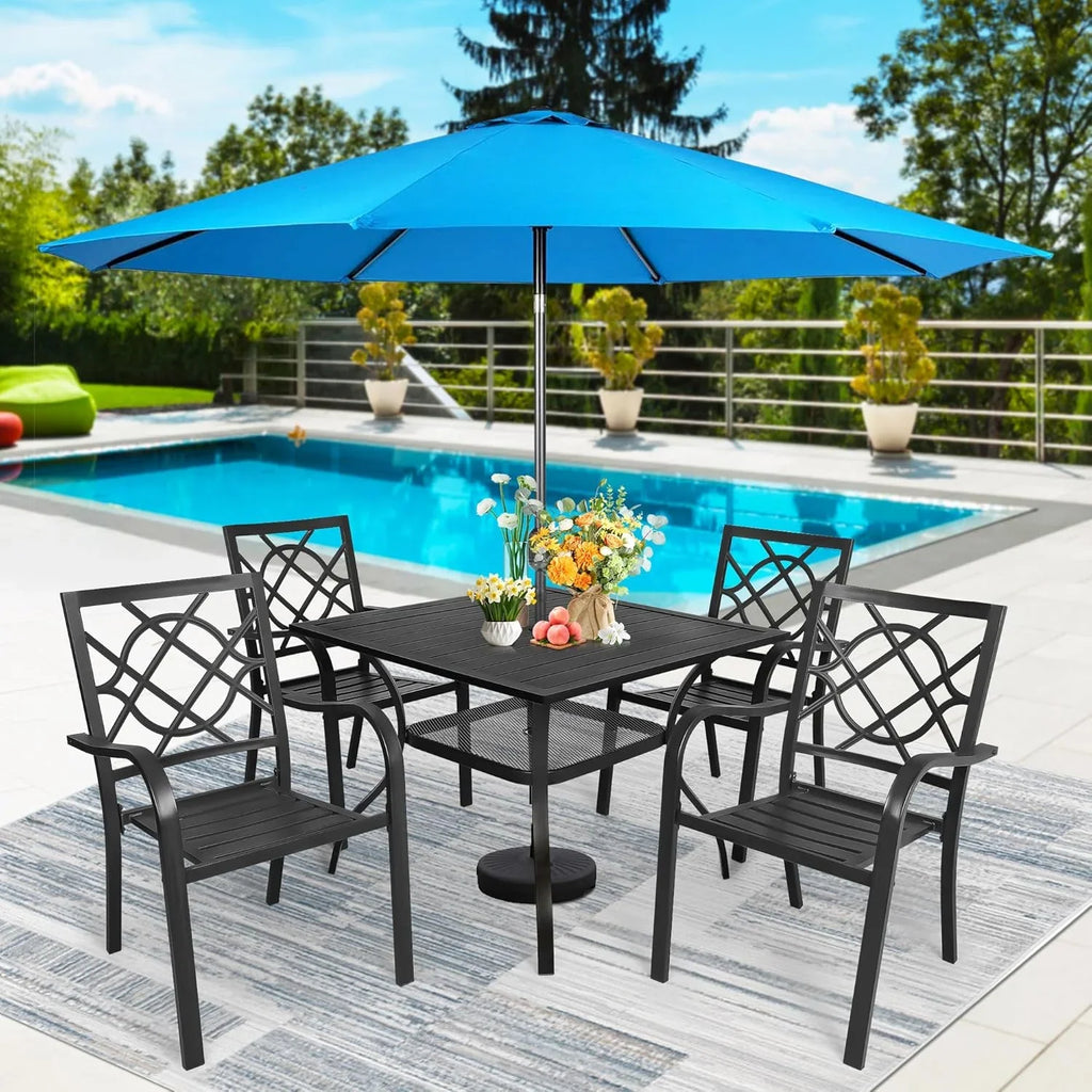 SUNCROWN 5-Piece Outdoor Wrought Iron Chairs and Table Patio Dining Furniture Set - 4 Stackable Metal Chairs, 1 Steel Slat Bistro Table and 1 Sky Blue 9Ft Patio Umbrella for Garden Backyard Deck