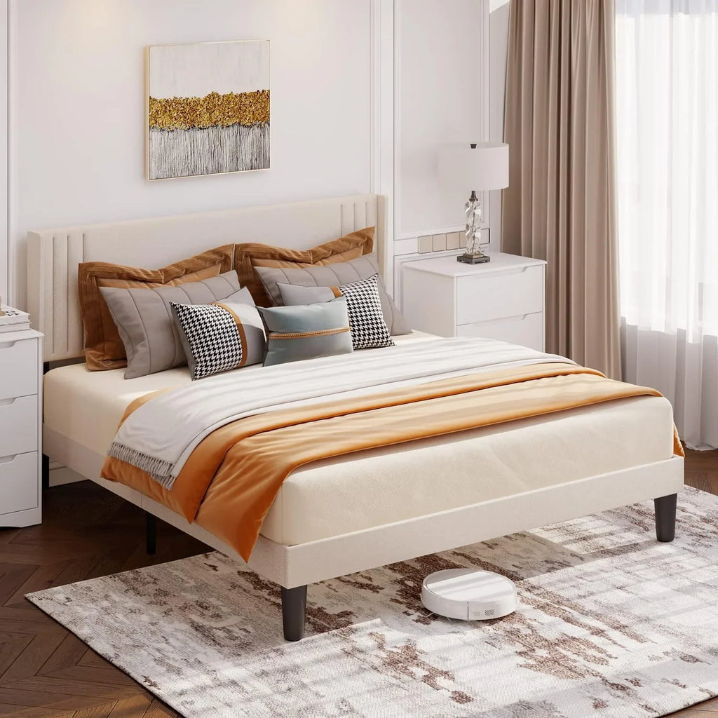 Lofka Queen Bed Frame with Headboard, Upholstered Platform Bed with Headboard, No Box Spring Needed/Easy Assembly, Beige