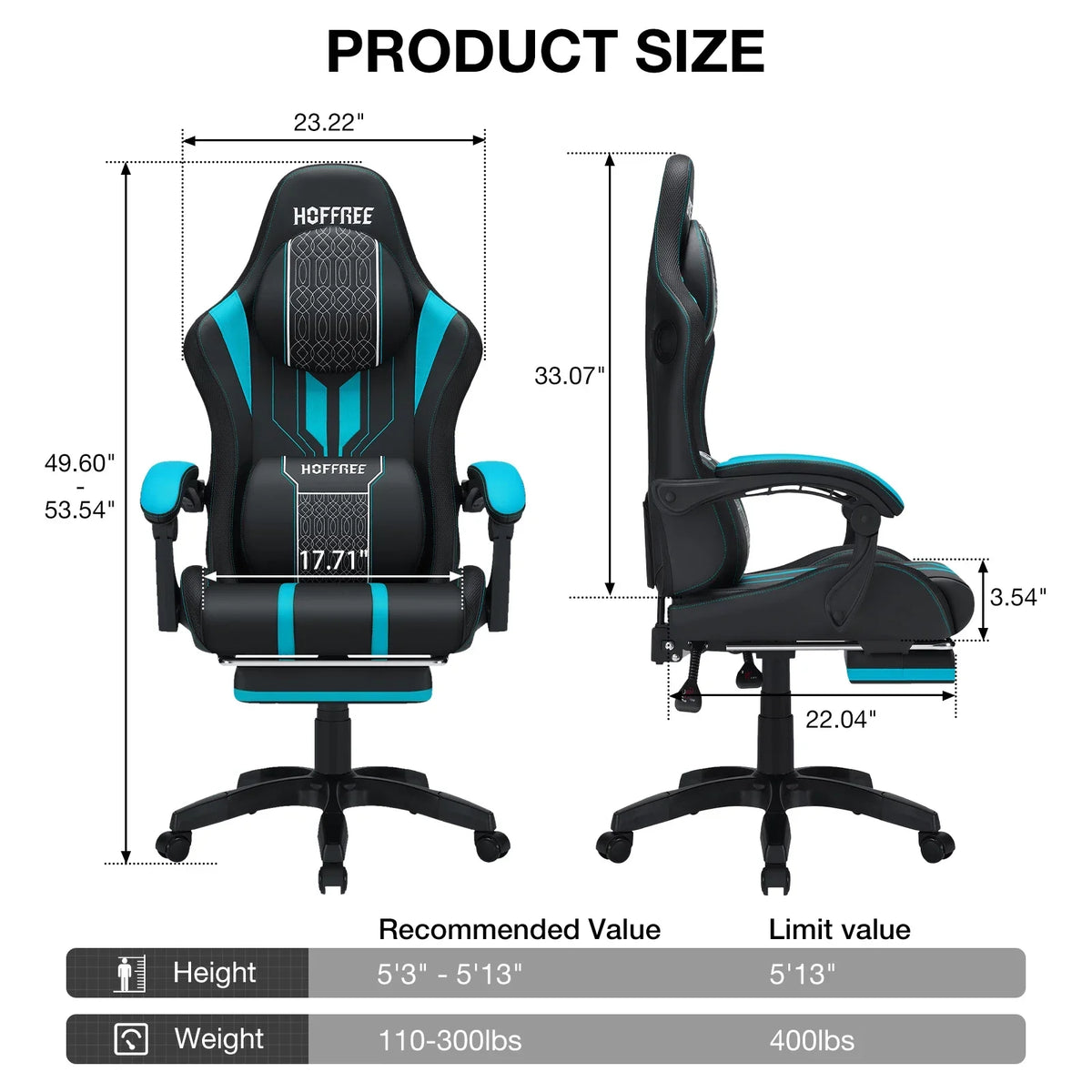 HOFFREE Big and Tall Gaming Chair with Speakers and RGB Lights, Gamer Chair with Footrest, Lumbar Support Height Adjustable 360-Swivel Seat and Headrest for Adults, 400lbs