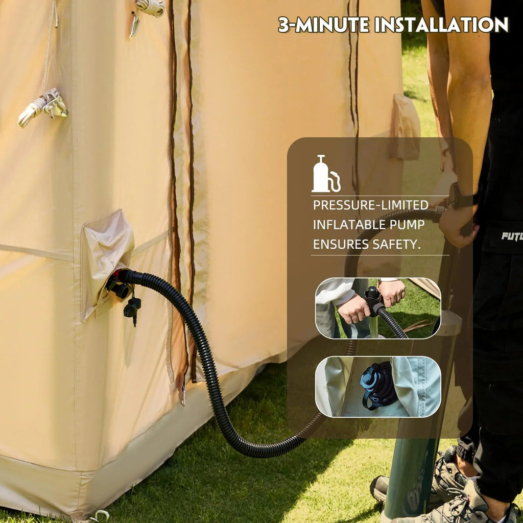 Erommy 3-4 Person Inflatable Tents for Camping with Large Rainproof Cover, Blow-Up Tent with Hand Pump, Easy Setup Tent House, Air Tent for Camping Adult,Beige