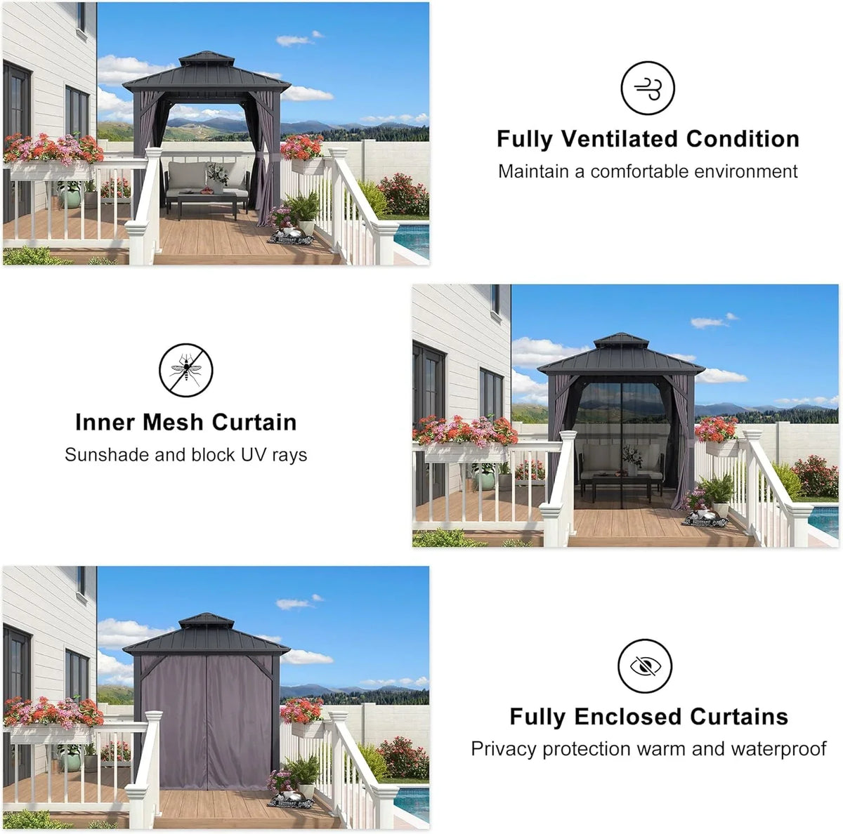 PURPLE LEAF 8' X 8' Gazebo Outdoor Gazebo Permanent Hardtop Gazebo with Galvanized Steel Double Roof for Patio Backyard Deck Aluminum Gazebo with Netting and Curtains Grey