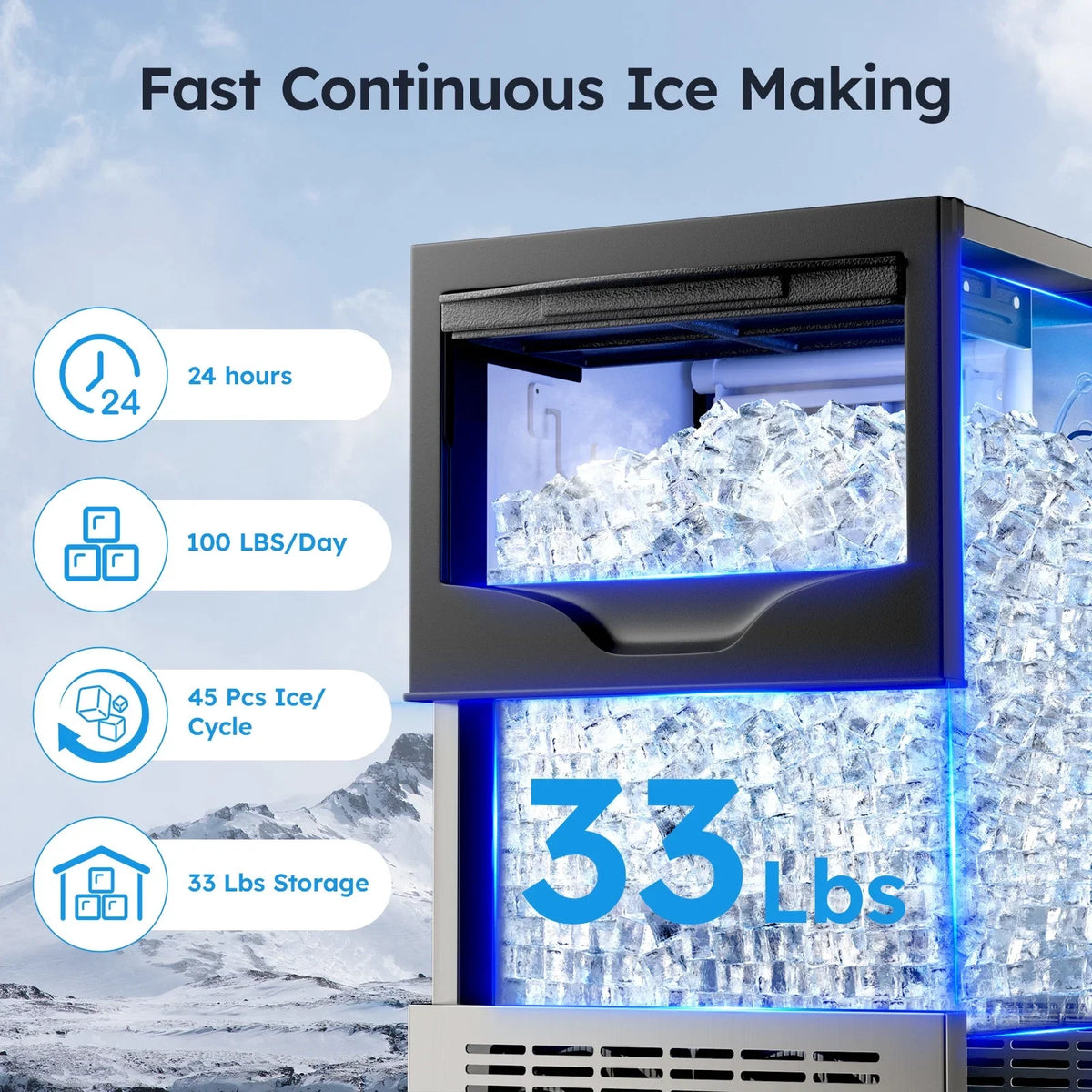 Joreek Under Counter Ice Machine, 100 lbs/24H Commercial Ice Maker with 33lbs Ice Storage, Stainless Steel Freestanding, Self Cleaning Ice Makers for Home/Restaurant/Bar