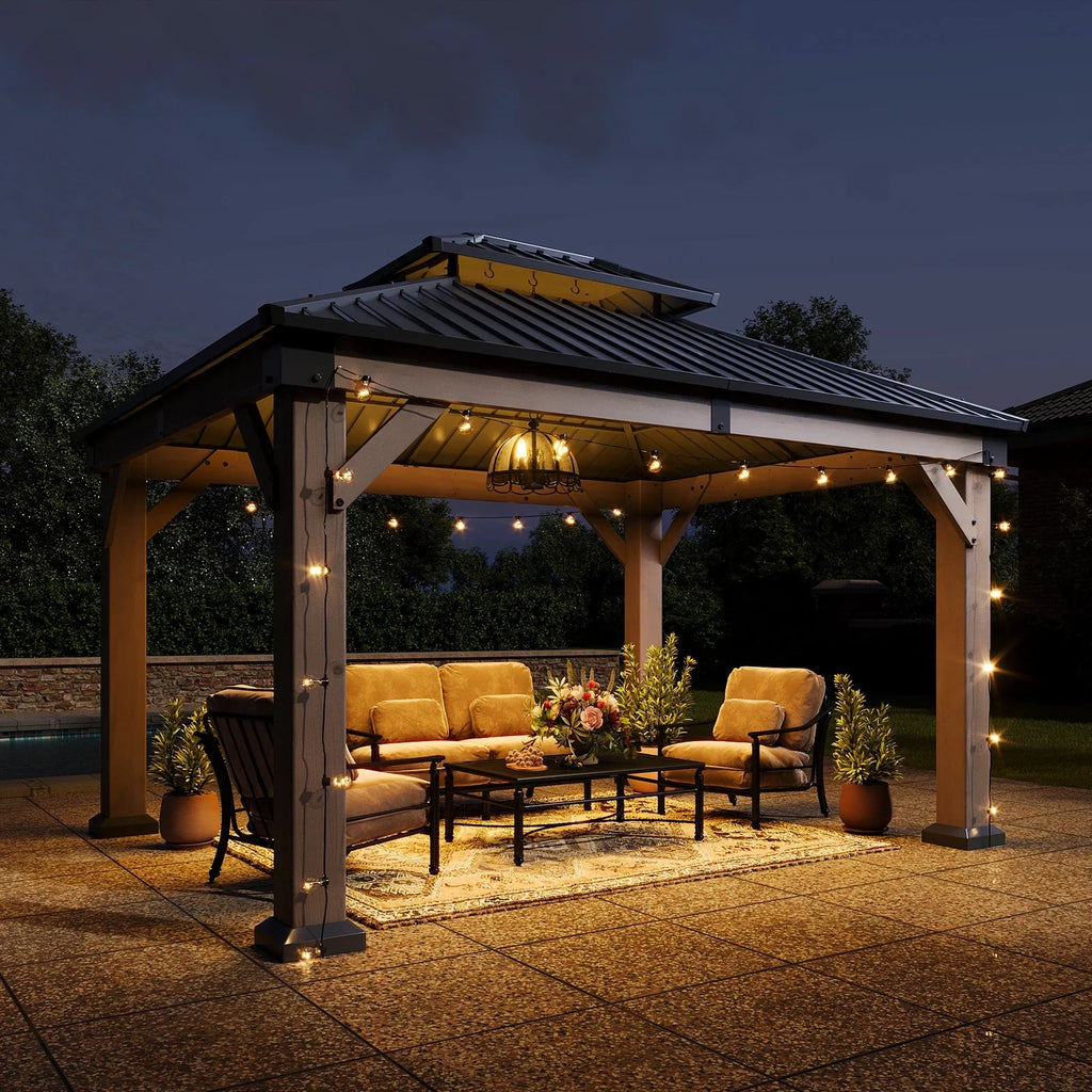 Aoxun 12' x 16' Outdoor Wood Gazebo, Hardtop Gazebo Permanent Wooden Pavilion with Galvanized Steel Double Roof, for Patio, Garden, Backyard, Cedar Wood