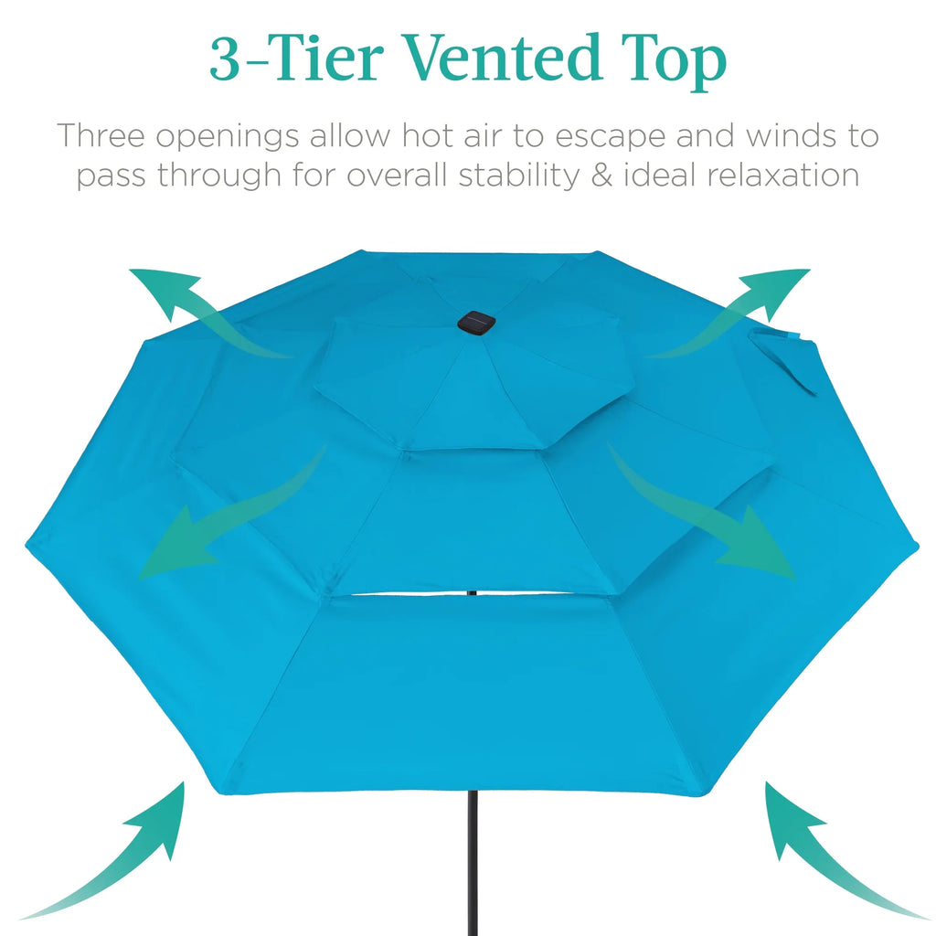 Best Choice Products 10ft 3-Tier Solar Patio Umbrella w/ 24 LED Lights, Tilt Adjustment, Easy Crank - Tan