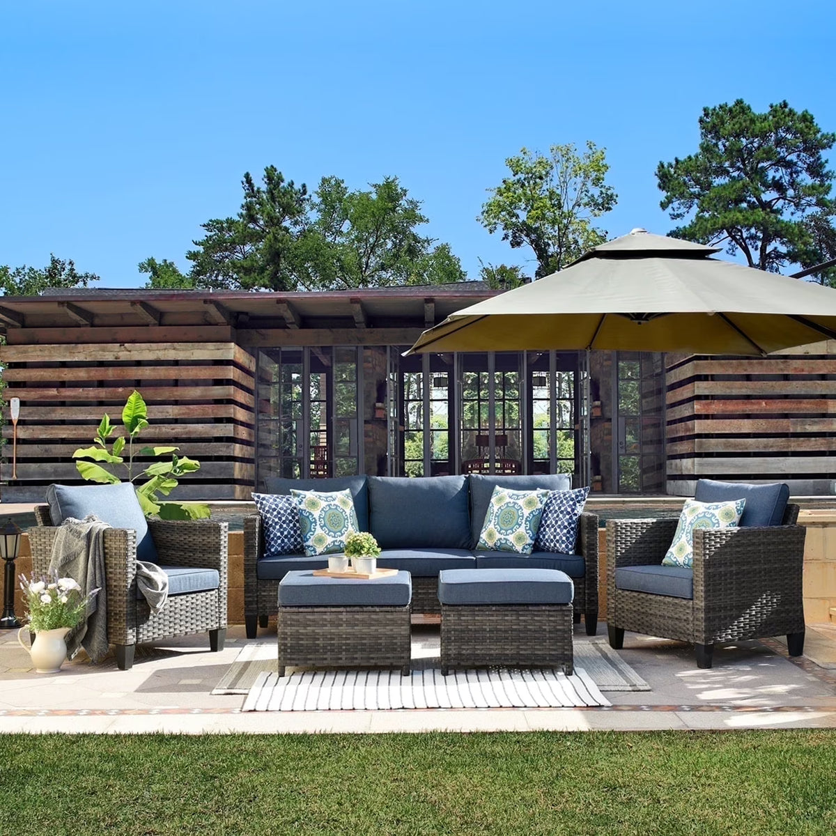 Ovios 5 Pieces Outdoor Patio Furniture Set Wicker Rattan Outdoor Conversation Comfortable Sectional Sofa with Steel Frame, Grey