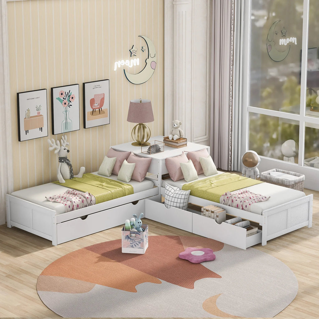 Euroco Wood Twin Size L-Shaped Platform Bed with Square Storage Table for Kids Teens, 2 Platform Beds with Trundle and Drawers for Living Room, 3 Twin Beds, Gray